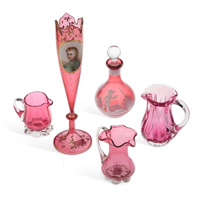 Lot 26 - A 19TH CENTURY GILDED CRANBERRY GLASS VASE