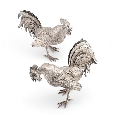 Lot 236 - A FINE PAIR OF FRENCH SILVER MODELS OF COCKERELS