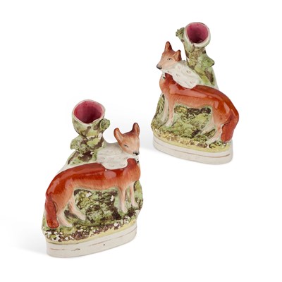 Lot 53 - A PAIR OF 19TH CENTURY STAFFORDSHIRE POTTERY SPILL VASES