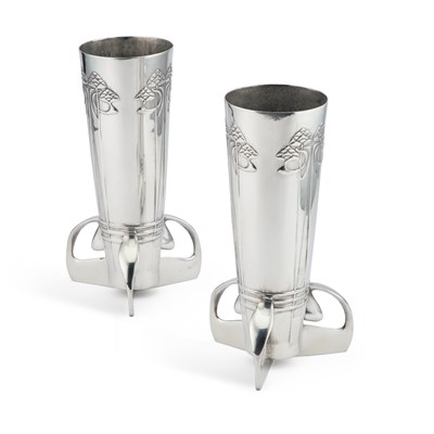 Lot 154 - ARCHIBALD KNOX (1864-1933) FOR LIBERTY & CO, A PAIR OF TUDRIC PEWTER VASES