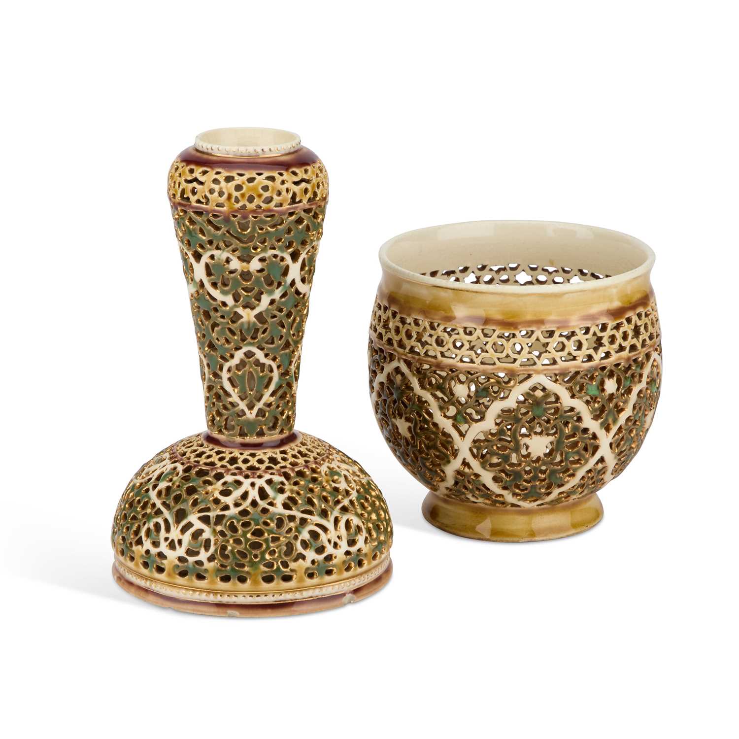 Lot 96 - TWO ART NOUVEAU HUNGARIAN RETICULATED VASES, ZSOLNAY PECS