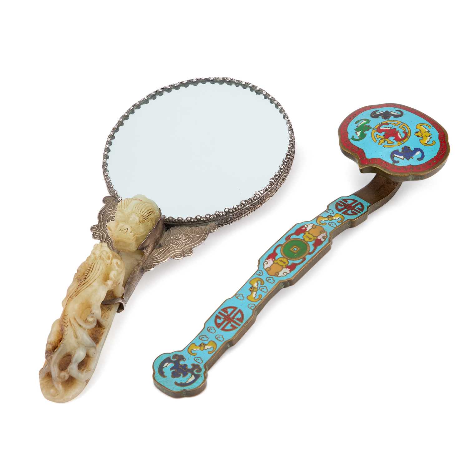 Lot 102 - A CHINESE SILVER AND JADE HAND-MIRROR AND A CHINESE CLOISONNÉ RUYI SCEPTRE