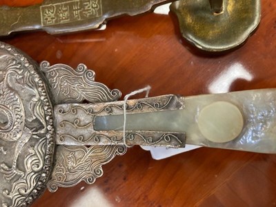 Lot 102 - A CHINESE SILVER AND JADE HAND-MIRROR AND A CHINESE CLOISONNÉ RUYI SCEPTRE