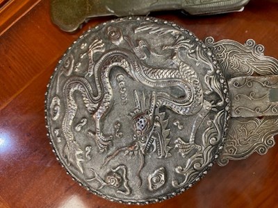 Lot 102 - A CHINESE SILVER AND JADE HAND-MIRROR AND A CHINESE CLOISONNÉ RUYI SCEPTRE