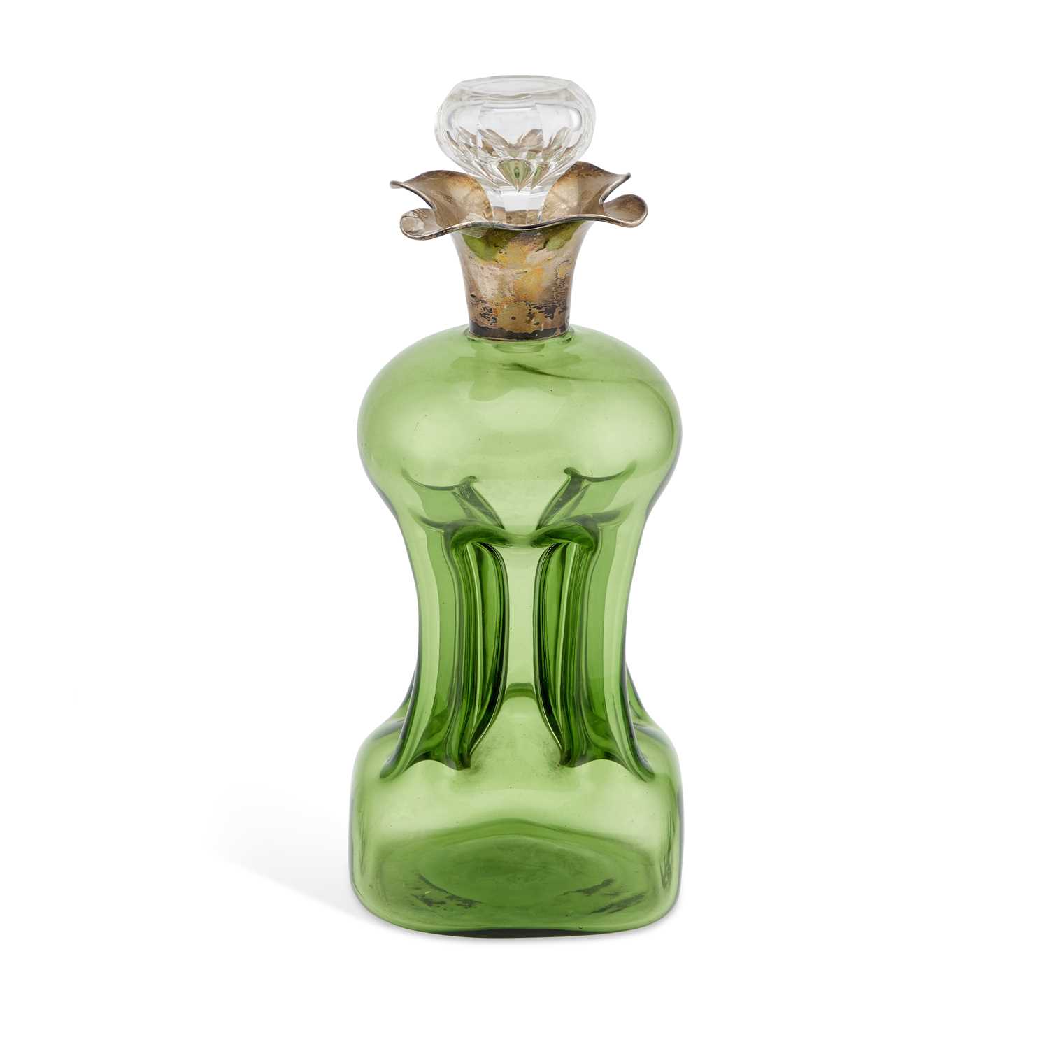Lot 319 - AN EDWARDIAN SILVER-MOUNTED GREEN-GLASS GLUG-GLUG DECANTER