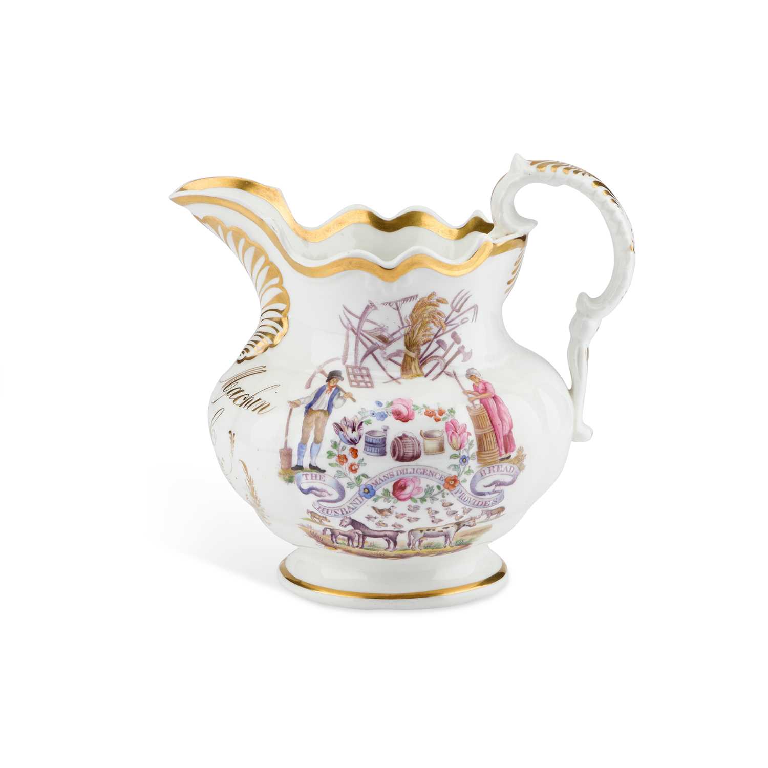 Lot 95 - AN ENGLISH PORCELAIN 'FARMERS ARMS' JUG, PROBABLY COALPORT, DATED 1839