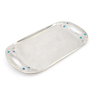 Lot 183 - ARCHIBALD KNOX (1864-1933) FOR LIBERTY & CO, A TUDRIC PEWTER AND ENAMEL TRAY
