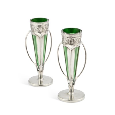 Lot 178 - ARCHIBALD KNOX (1864-1933) FOR LIBERTY & CO, A PAIR OF TUDRIC PEWTER VASES
