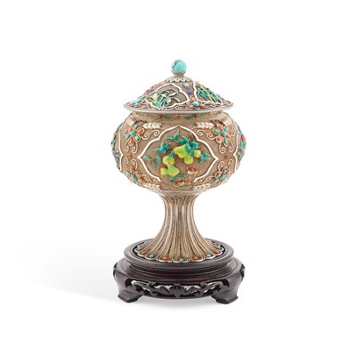 Lot 212 - A LARGE CHINESE SILVER AND ENAMEL VASE AND COVER