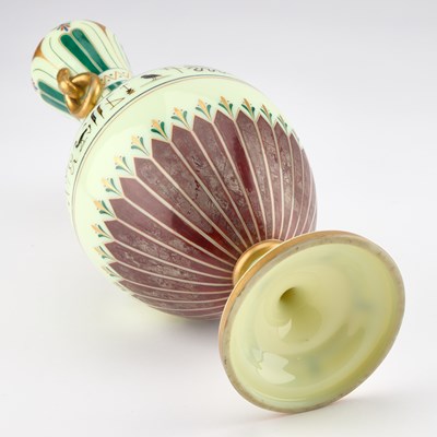 Lot 27 - A GRECIAN REVIVAL ENAMEL PAINTED AND GILDED OPAQUE GLASS VASE, 19TH CENTURY