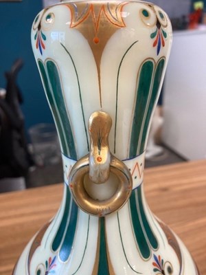 Lot 27 - A GRECIAN REVIVAL ENAMEL PAINTED AND GILDED OPAQUE GLASS VASE, 19TH CENTURY