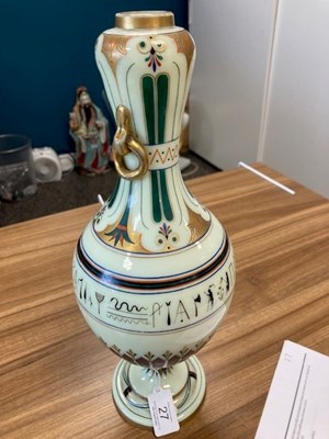 Lot 27 - A GRECIAN REVIVAL ENAMEL PAINTED AND GILDED OPAQUE GLASS VASE, 19TH CENTURY