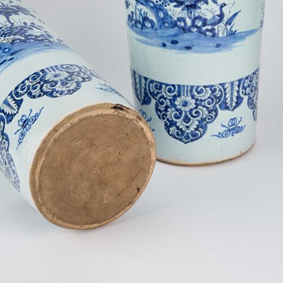 Lot 56 - A PAIR OF DUTCH FAIENCE CYLINDRICAL VASES (ROLWAGEN)