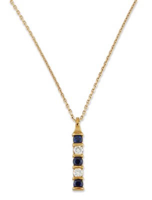 Lot 1495 - AN 18 CARAT GOLD SAPPHIRE AND DIAMOND PENDANT ON CHAIN