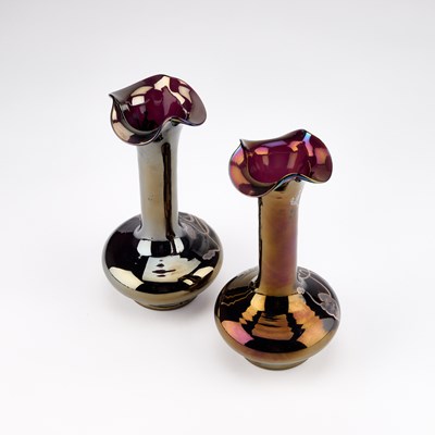 Lot 24 - A PAIR OF ART NOUVEAU SILVER OVERLAID GLASS VASES, IN THE STYLE OF LOETZ