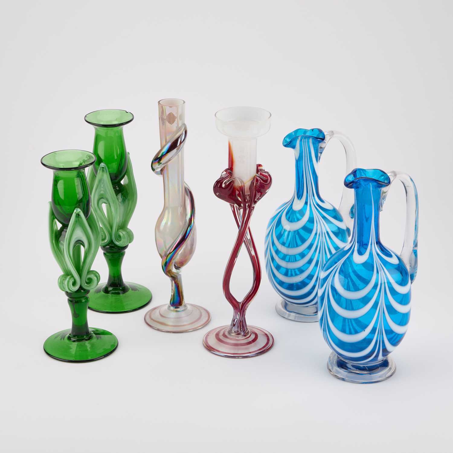 Lot 78 - FOUR ITALIAN GLASS VASES AND A PAIR OF BLUE GLASS EWERS
