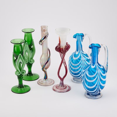 Lot 78 - FOUR ITALIAN GLASS VASES AND A PAIR OF BLUE GLASS EWERS
