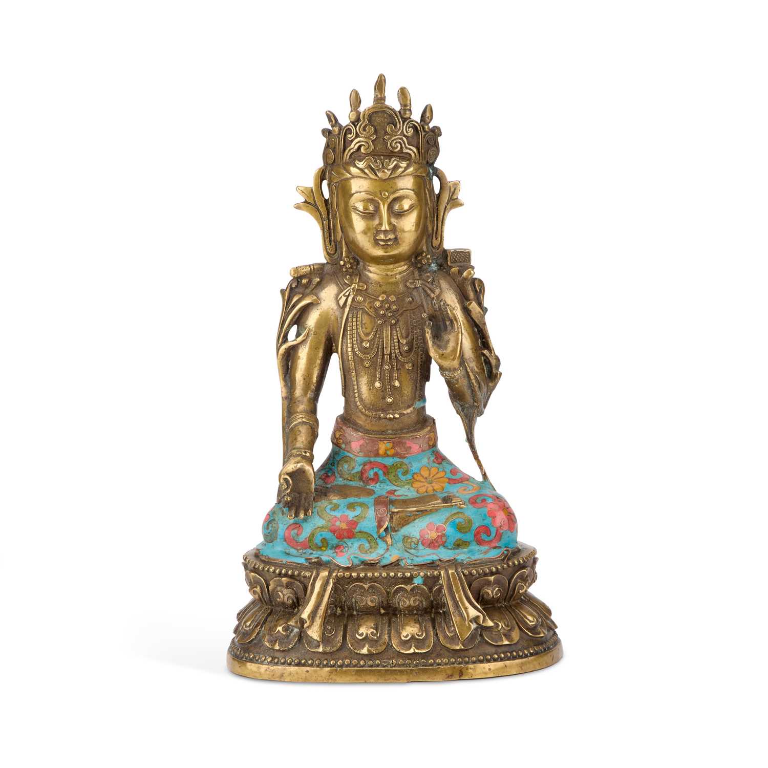 Lot 150 - A TIBETAN BRONZE AND CLOISONNÉ ENAMEL FIGURE OF BUDDHA
