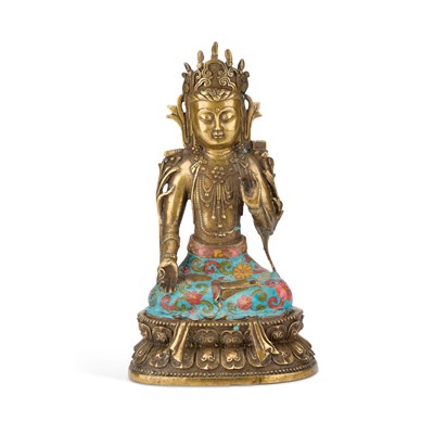 Lot 150 - A TIBETAN BRONZE AND CLOISONNÉ ENAMEL FIGURE OF BUDDHA