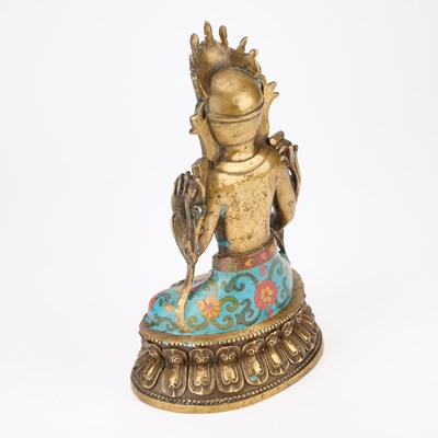Lot 150 - A TIBETAN BRONZE AND CLOISONNÉ ENAMEL FIGURE OF BUDDHA