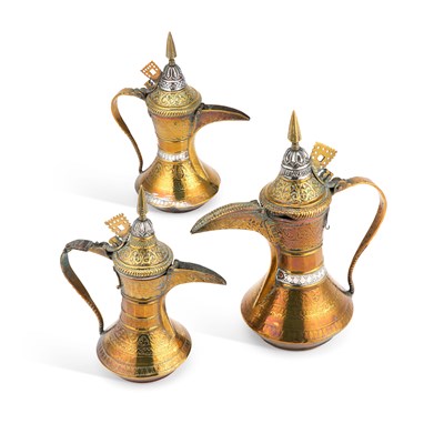 Lot 298 - THREE COPPER DALLAH COFFEE POTS