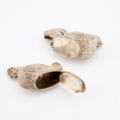 Lot 193 - A PAIR OF FRENCH SILVER 'CHICKEN' PEPPERS