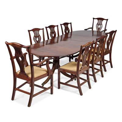 Lot 770 - A REGENCY STYLE EBONY STRUNG MAHOGANY TWIN PEDESTAL DINING TABLE