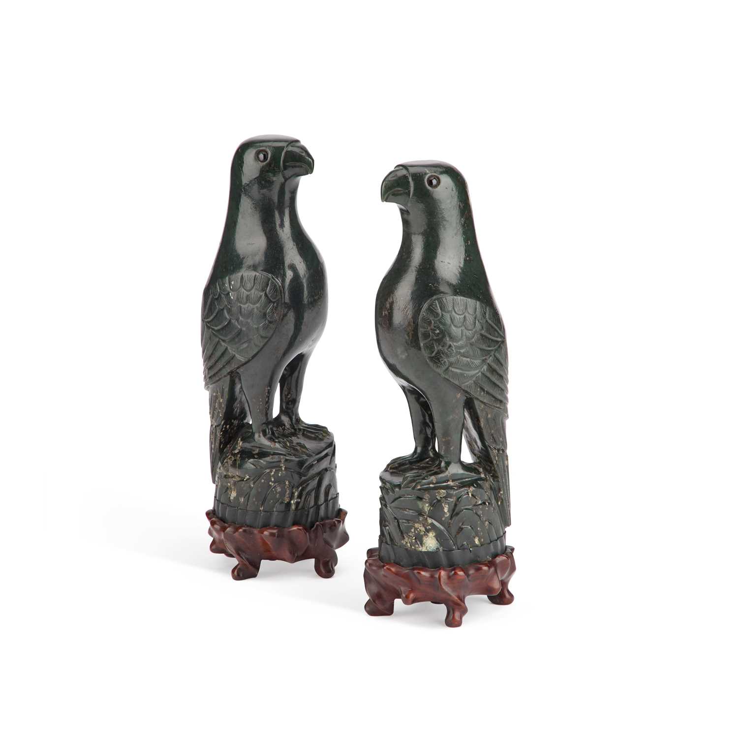 Lot 1005 - A PAIR OF CHINESE SPINACH GREEN JADE MODELS OF BIRDS