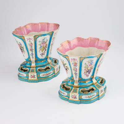 Lot 44 - A PAIR OF SÈVRES 'BLEU CÉLESTE' GROUND VASES AND STANDS (VASES 'HOLLANDOIS'), 19TH CENTURY