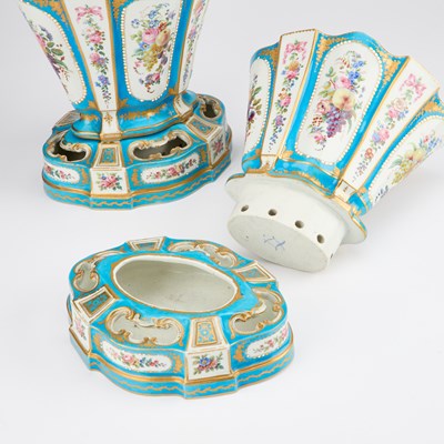 Lot 44 - A PAIR OF SÈVRES 'BLEU CÉLESTE' GROUND VASES AND STANDS (VASES 'HOLLANDOIS'), 19TH CENTURY