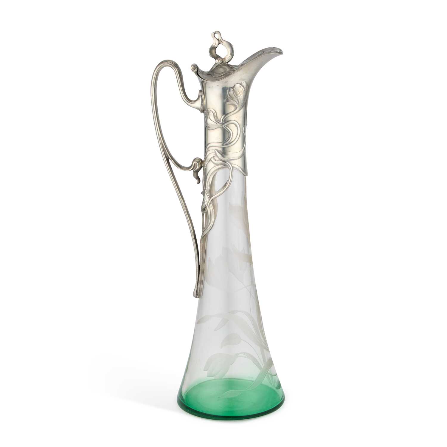 Lot 313 - WMF (WÜRTTEMBERGISCHE METALLWARENFABRIK), A LARGE SILVERED METAL AND GLASS CLARET JUG