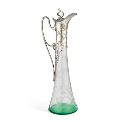 Lot 313 - WMF (WÜRTTEMBERGISCHE METALLWARENFABRIK), A LARGE SILVERED METAL AND GLASS CLARET JUG