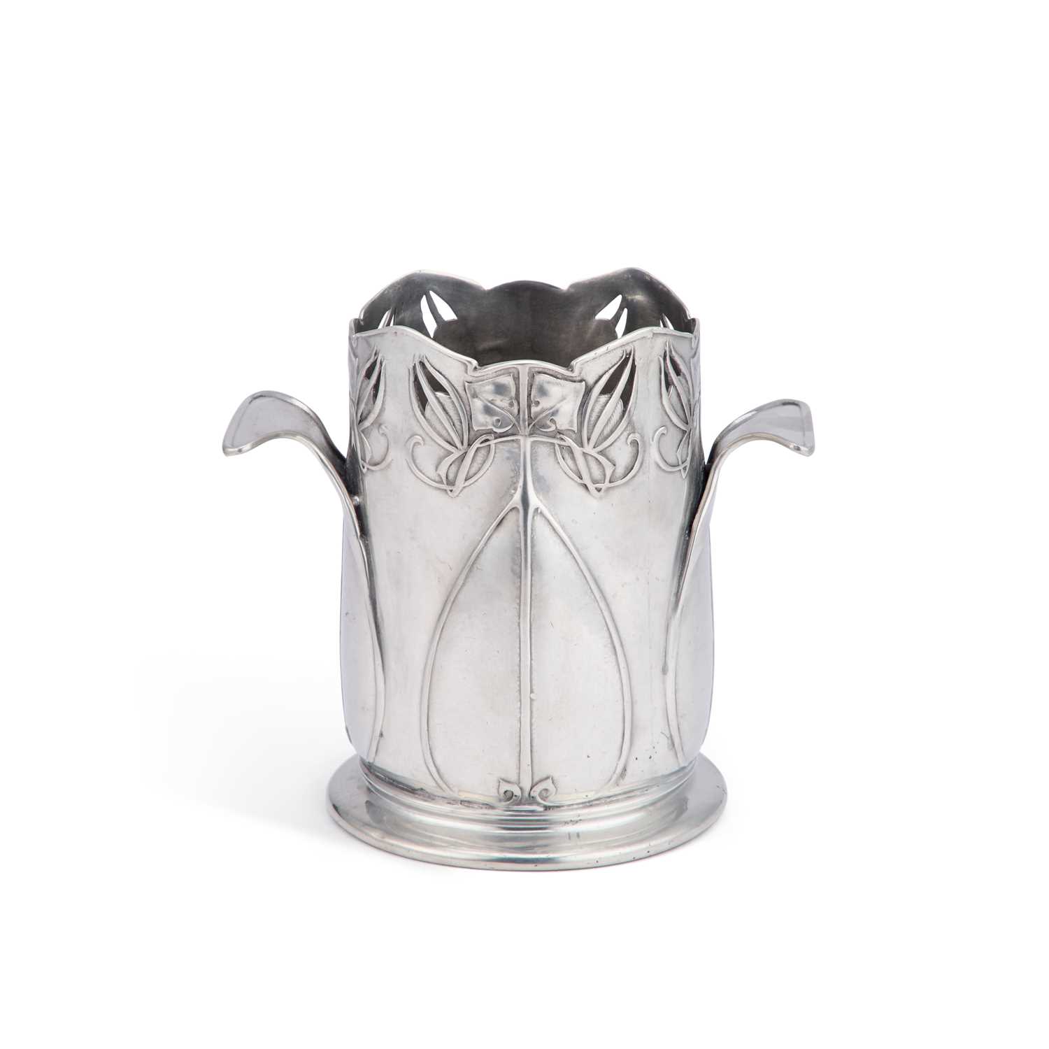 Lot 311 - ARCHIBALD KNOX (1864-1933) FOR LIBERTY & CO, A TUDRIC PEWTER BOTTLE STAND