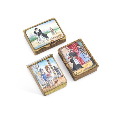 Lot 506 - THREE FRENCH BRASS AND ENAMEL NOVELTY VESTA CASES