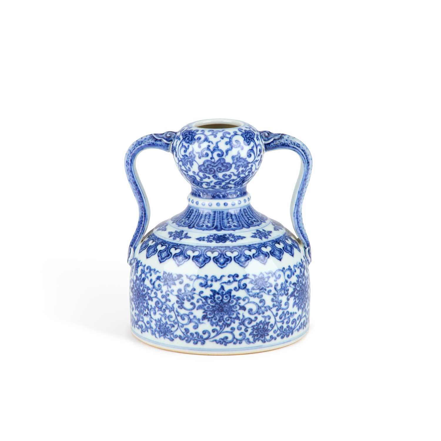 Lot 930 - A CHINESE BLUE AND WHITE DOUBLE-GOURD AND 'RUYI' HANDLED LOTUS FLASK