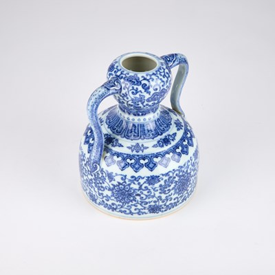 Lot 930 - A CHINESE BLUE AND WHITE DOUBLE-GOURD AND 'RUYI' HANDLED LOTUS FLASK