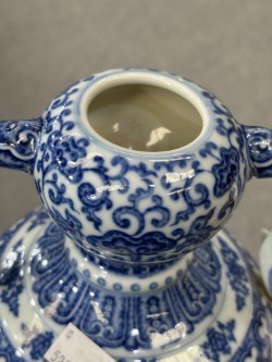 Lot 930 - A CHINESE BLUE AND WHITE DOUBLE-GOURD AND 'RUYI' HANDLED LOTUS FLASK