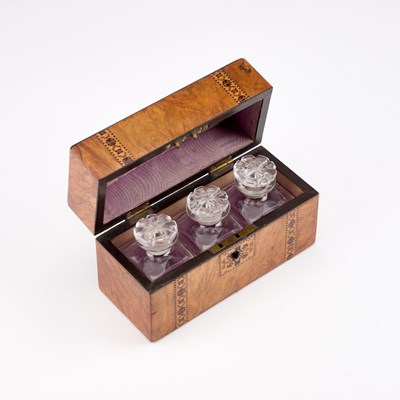 Lot 74 - A VICTORIAN BURR WALNUT TUNBRIDGE WARE TRIPLE SCENT BOTTLE BOX