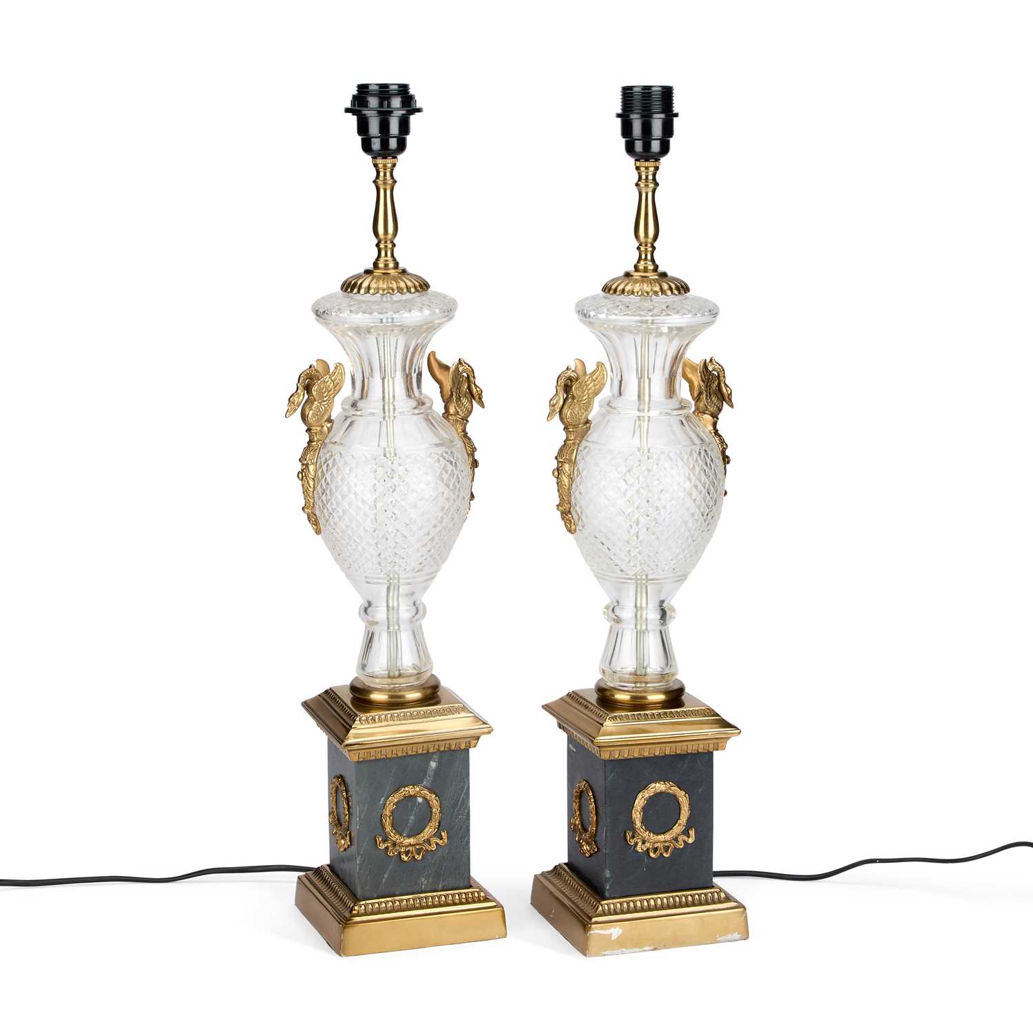 Lot 879 - A PAIR OF REGENCY STYLE GLASS, GILT-METAL AND MARBLE TABLE LAMPS