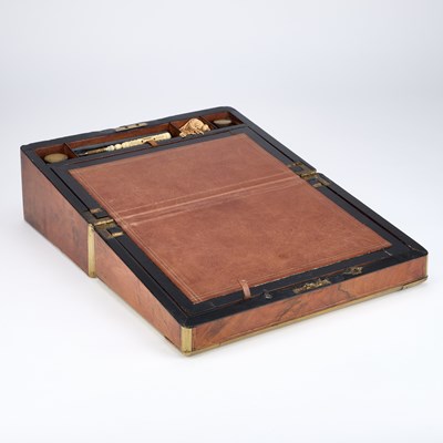 Lot 39 - A MID-19TH CENTURY BRASS-BOUND BURR WALNUT WRITING SLOPE