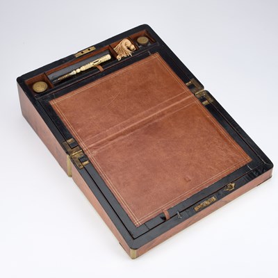 Lot 39 - A MID-19TH CENTURY BRASS-BOUND BURR WALNUT WRITING SLOPE