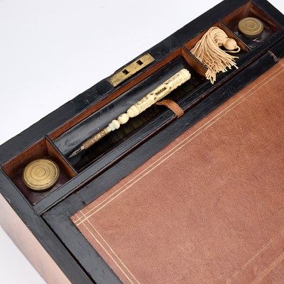 Lot 39 - A MID-19TH CENTURY BRASS-BOUND BURR WALNUT WRITING SLOPE
