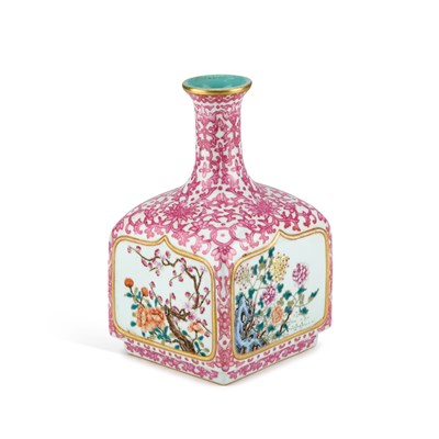 Lot 63 - A CHINESE PUCE-DECORATED FAMILLE ROSE VASE