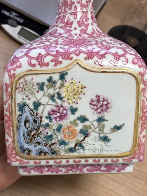 Lot 63 - A CHINESE PUCE-DECORATED FAMILLE ROSE VASE