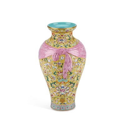 Lot 94 - A CHINESE FAMILLE ROSE YELLOW-GROUND VASE
