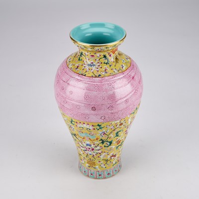 Lot 94 - A CHINESE FAMILLE ROSE YELLOW-GROUND VASE