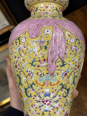 Lot 94 - A CHINESE FAMILLE ROSE YELLOW-GROUND VASE