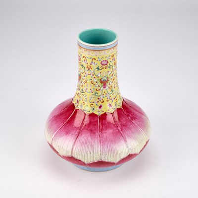 Lot 176 - A CHINESE FAMILLE ROSE 'LOTUS' BOTTLE VASE