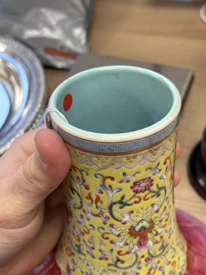 Lot 176 - A CHINESE FAMILLE ROSE 'LOTUS' BOTTLE VASE