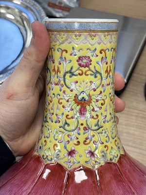 Lot 176 - A CHINESE FAMILLE ROSE 'LOTUS' BOTTLE VASE